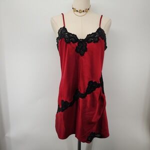 Vintage Victorias Secret Gold Label Red Satin Black Lace Trim Slip Dress Small